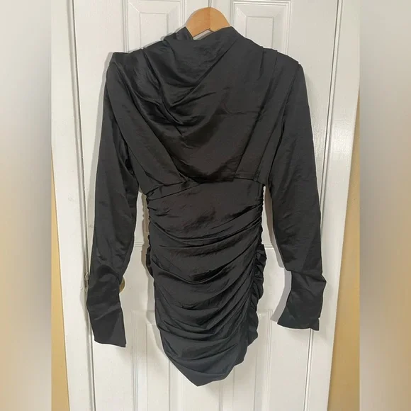 House of CB London Dress Small Giorgiana Ruched Long Sleeve Satin Black Party - Picture 2 of 8